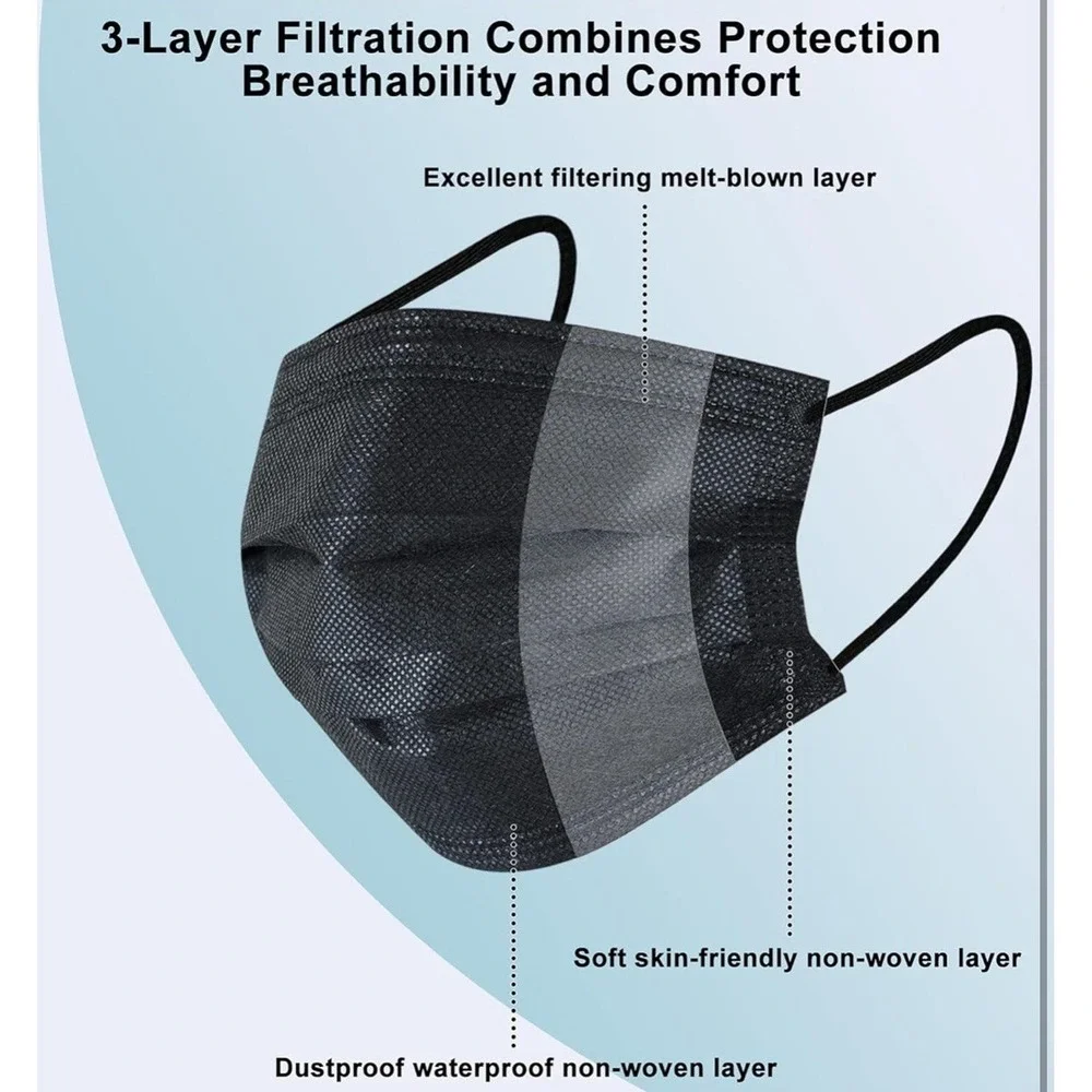 100 PCS Disposable Face Mask Non Medical Surgical 3 Ply Ear loop Black Masks USA